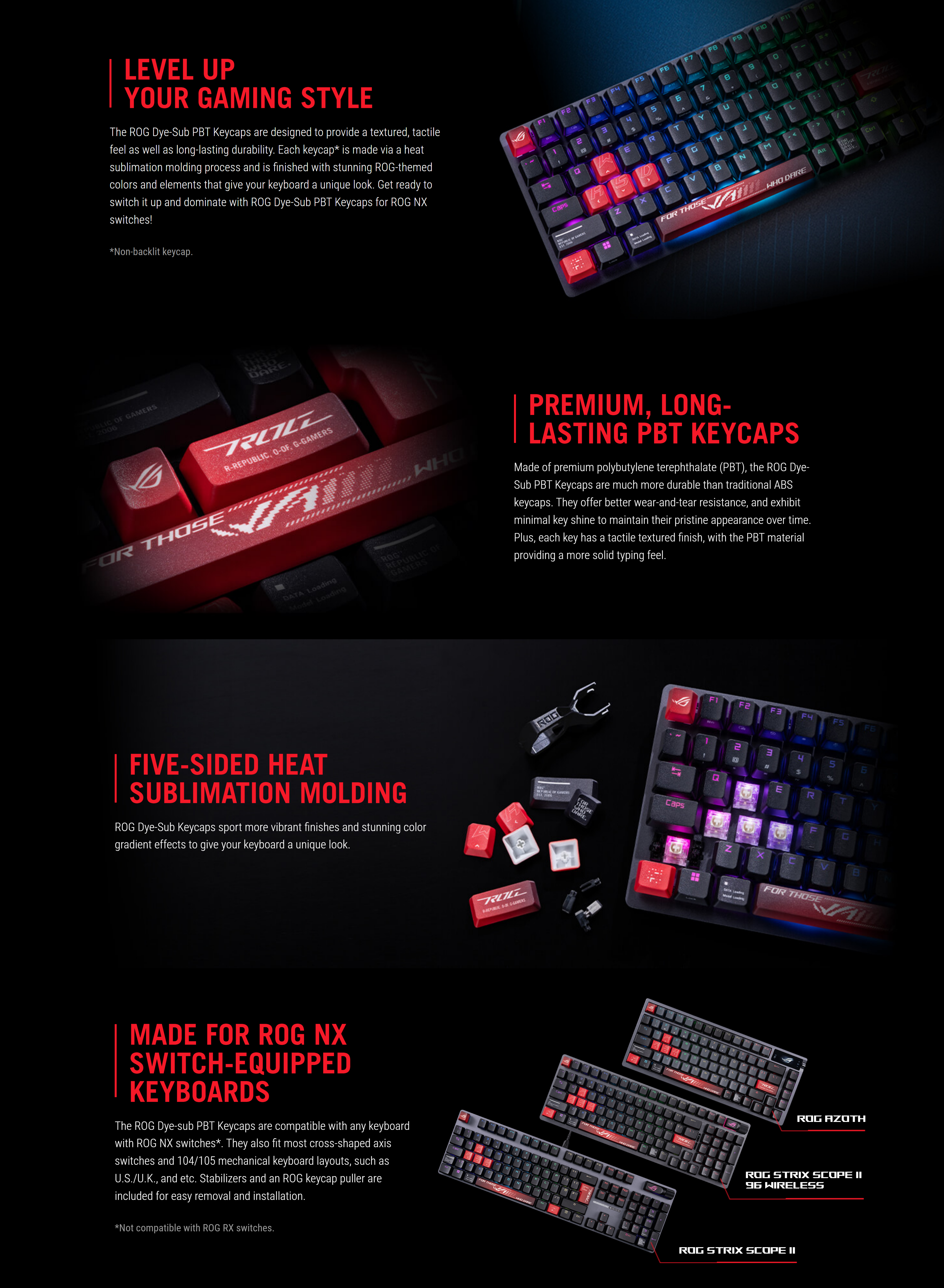 A large marketing image providing additional information about the product ASUS ROG Dye-Sublimated PBT Keycaps - Additional alt info not provided